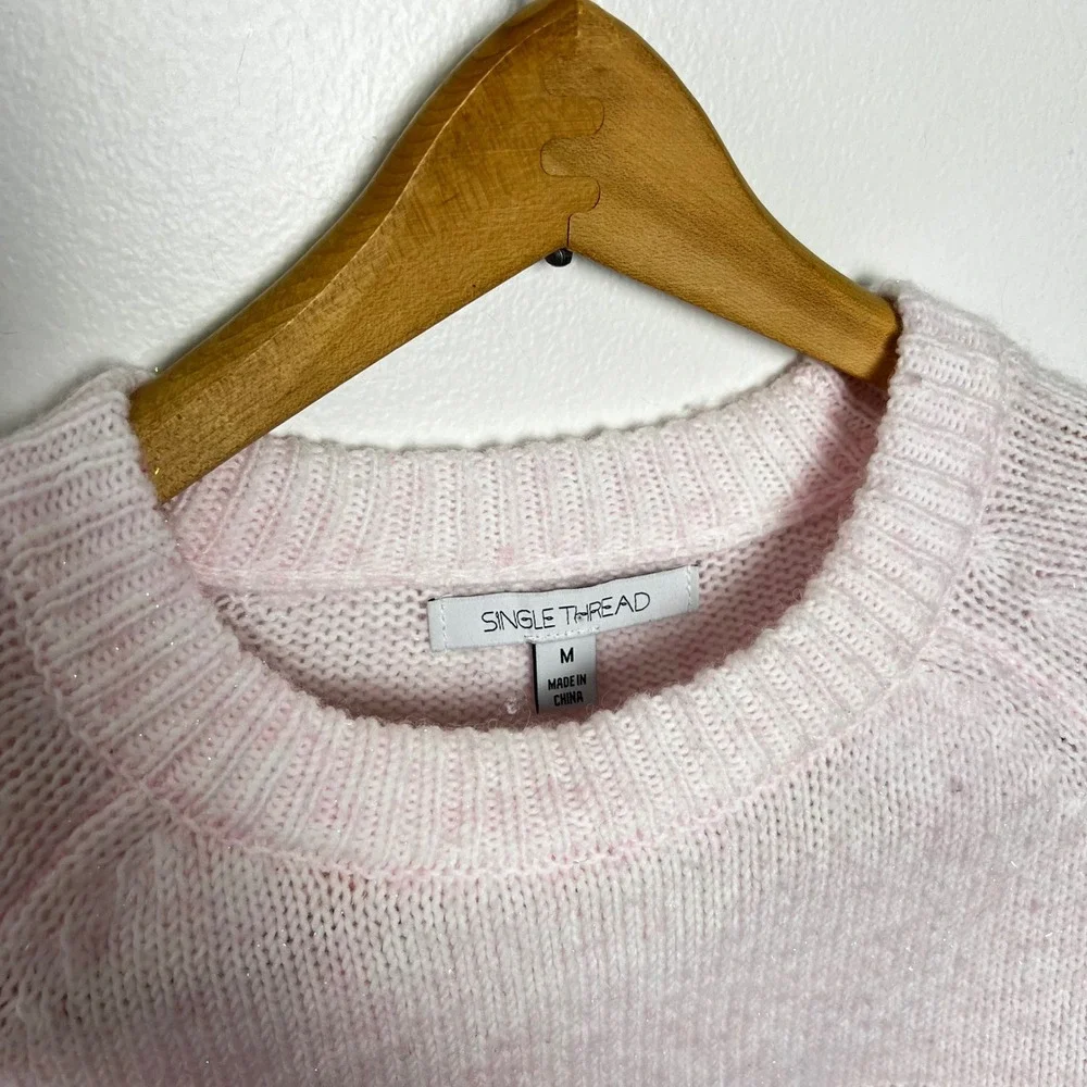 Single Thread Pink‎ Knit Sweater Balloon Sleeve Ribbed Texture Crew Women's M - Picture 3 of 5